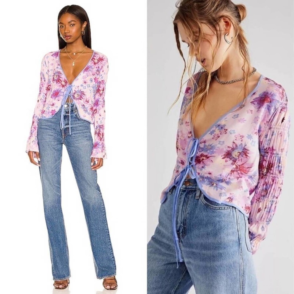 Free People Pink Lavender Floral Tie-Front Top